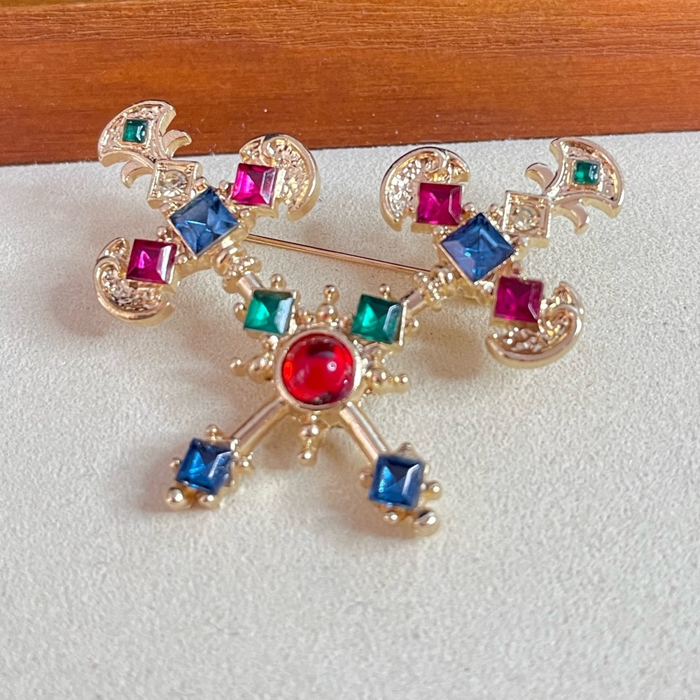 Vintage Rainbow Crystal Double Sword Baroque Style Brooch